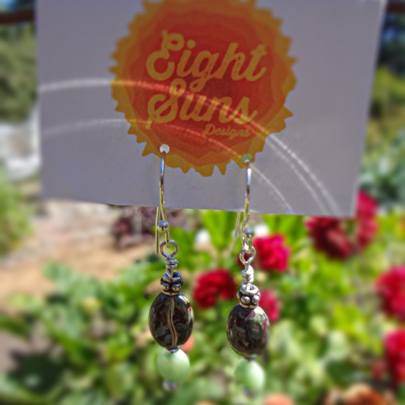 Coffee Bean Beads with Moss Opal and Sterling Silver Earrings - Picture 3 of 4